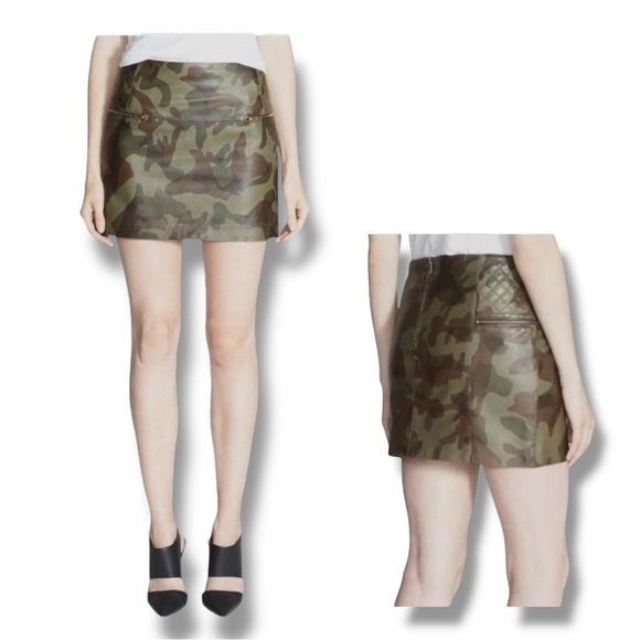 Sam Edelman Camo Green Mini Skirt Faux Leather Fully Lined - Picture 1 of 16